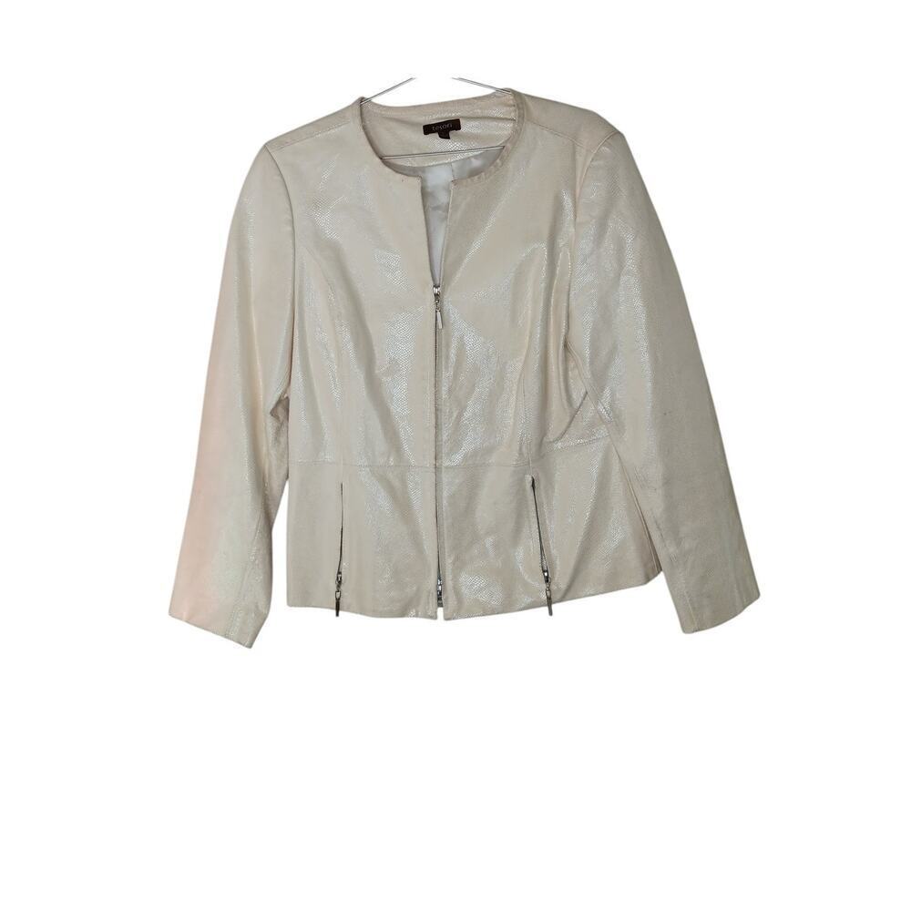 Tesori Womens Jacket Sz L Beige Cream Textured Leather Zip Front Pockets Lined - Picture 3 of 16